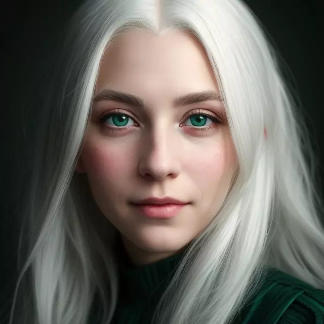 Mulher com cabelo branco e olhos verdes